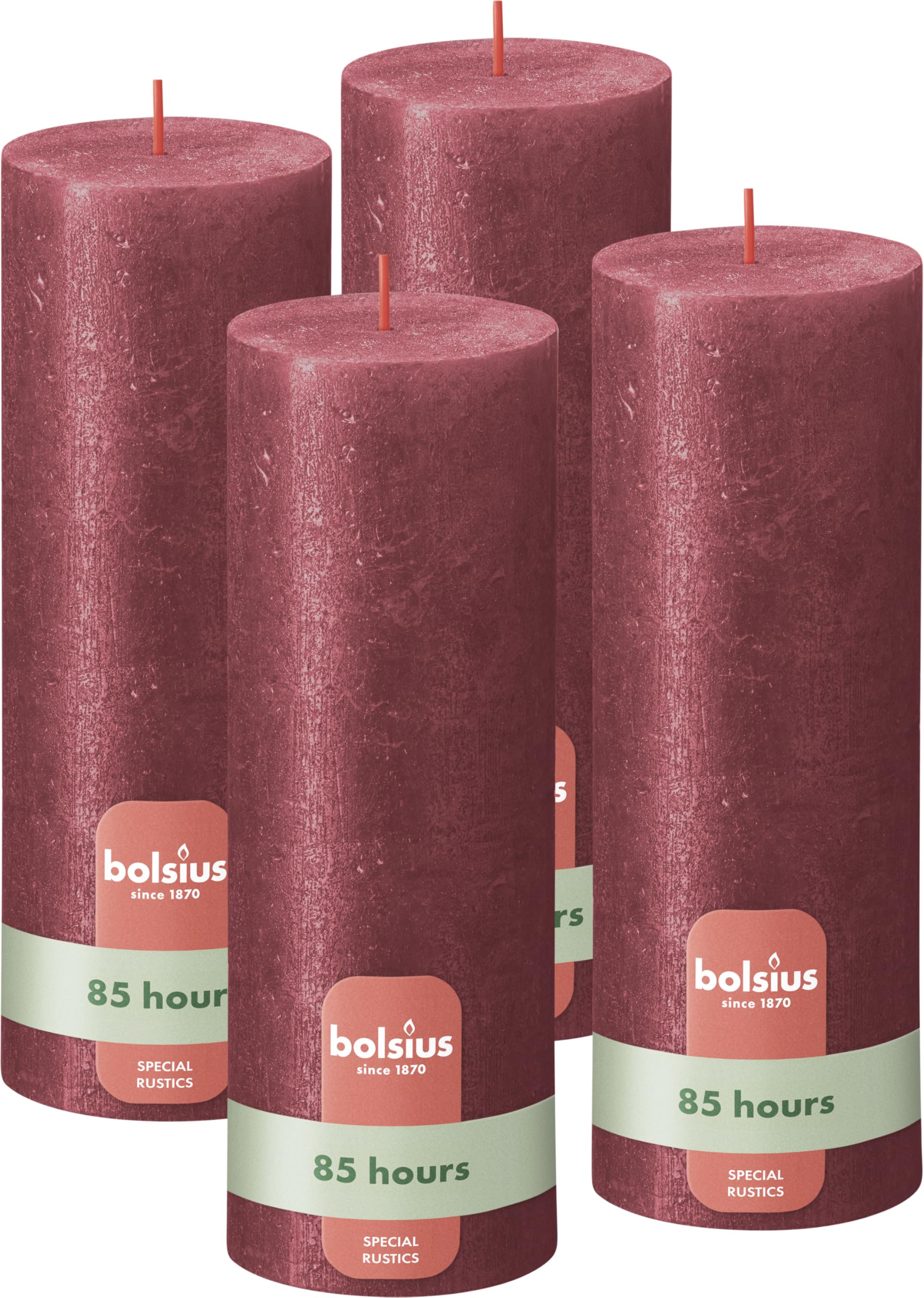 Bolsius Rustic Pillar Candle - Shimmer Red - Pack of 4 - Long Burning Time of 85 Hours - Interior Decoration - Unscented - Includes Natural Vegan Wax - No Palm Oil - 19 x 7 cm