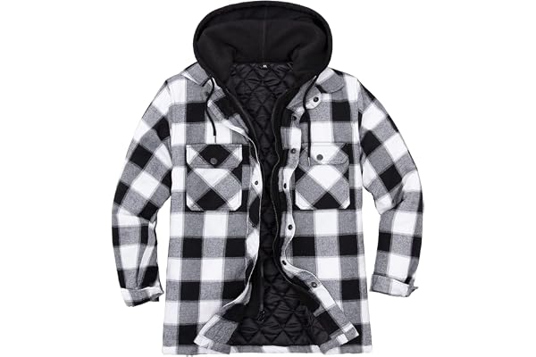 ZENTHACE Men's Quilted Lined Hooded Plaid Jacket,Zipper & Snap Closure | Insulated Flannel Shacket,Adjustable Hood,Satin Ther