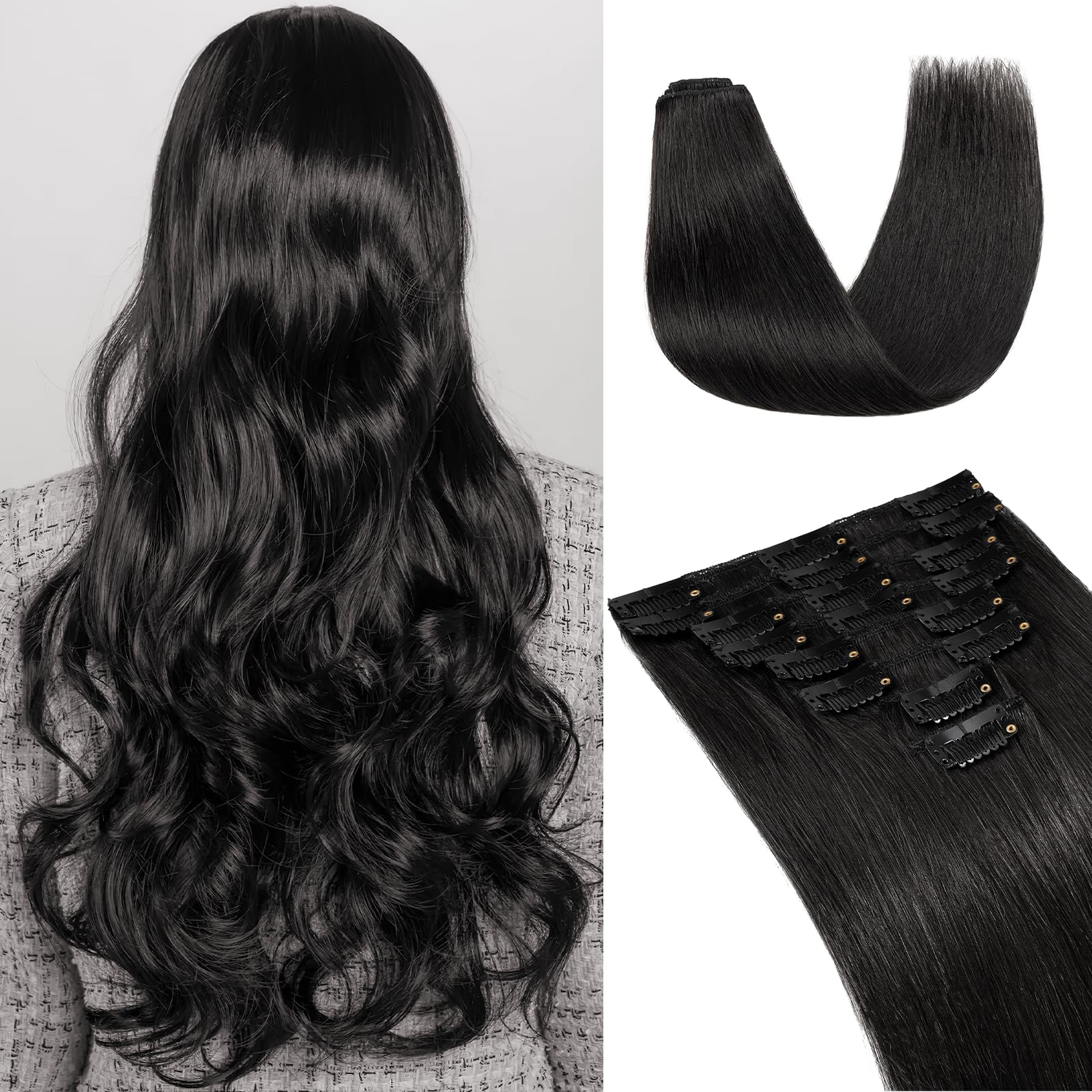 UK-Fashion-Shop Human Hair Extensions Clips in Real Hair Extension 8pcs 18 clips Long Straight Natural 14inch(60g)#1 Jet Black — image 1