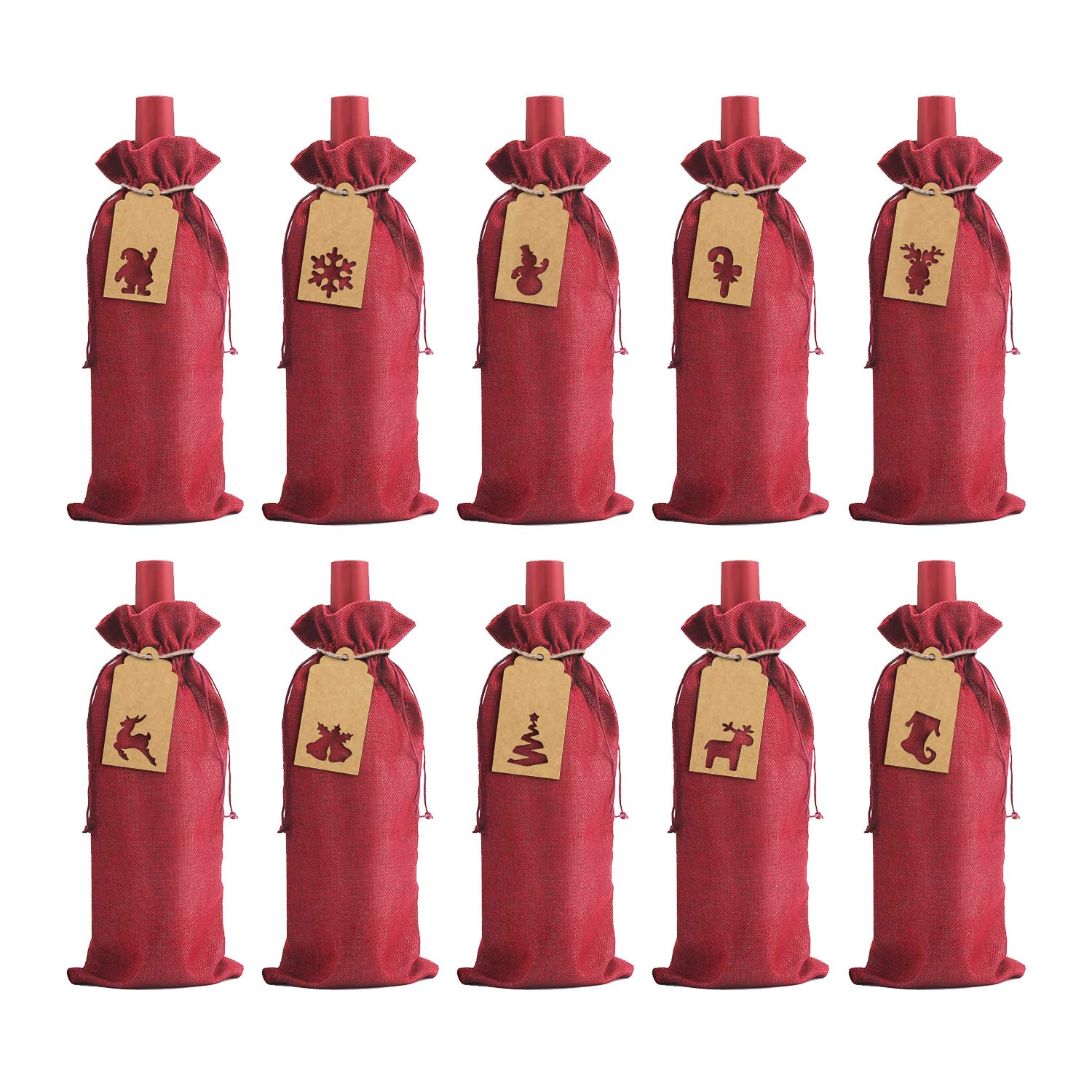 LOKIPA Burlap Wine Gift Bags, 12 Pcs Jute Wine Bottle Bags with Drawstring,Reusable Wine Bottle Covers with String and Tag for Christmas