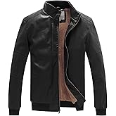 WenVen Men's Stand Collar Fleece Lined Bomber Faux Leather Jacket Warm Winter Coat