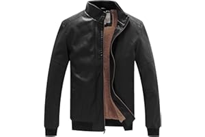 WenVen Men's Stand Collar Fleece Lined Bomber Faux Leather Jacket