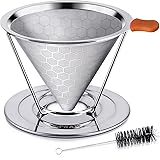 Pour Over Coffee Dripper, Stainless Steel Coffee Filter Reusable Pour Over Coffee Filter Cone Coffee Dripper with Removable C