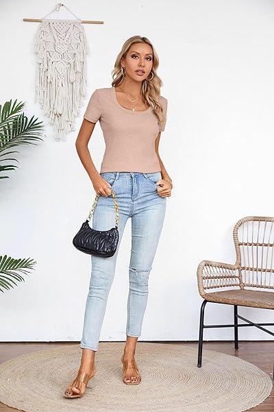 VICHYIE WOMENS SUMMER SHORT SLEEVE TOPS SQUARE NECK LOOSE TUNICS HENLEY CASUAL SHIRT SEXY BASIC BLOUSE TOP TSHIRT LIGHT KHAKI M