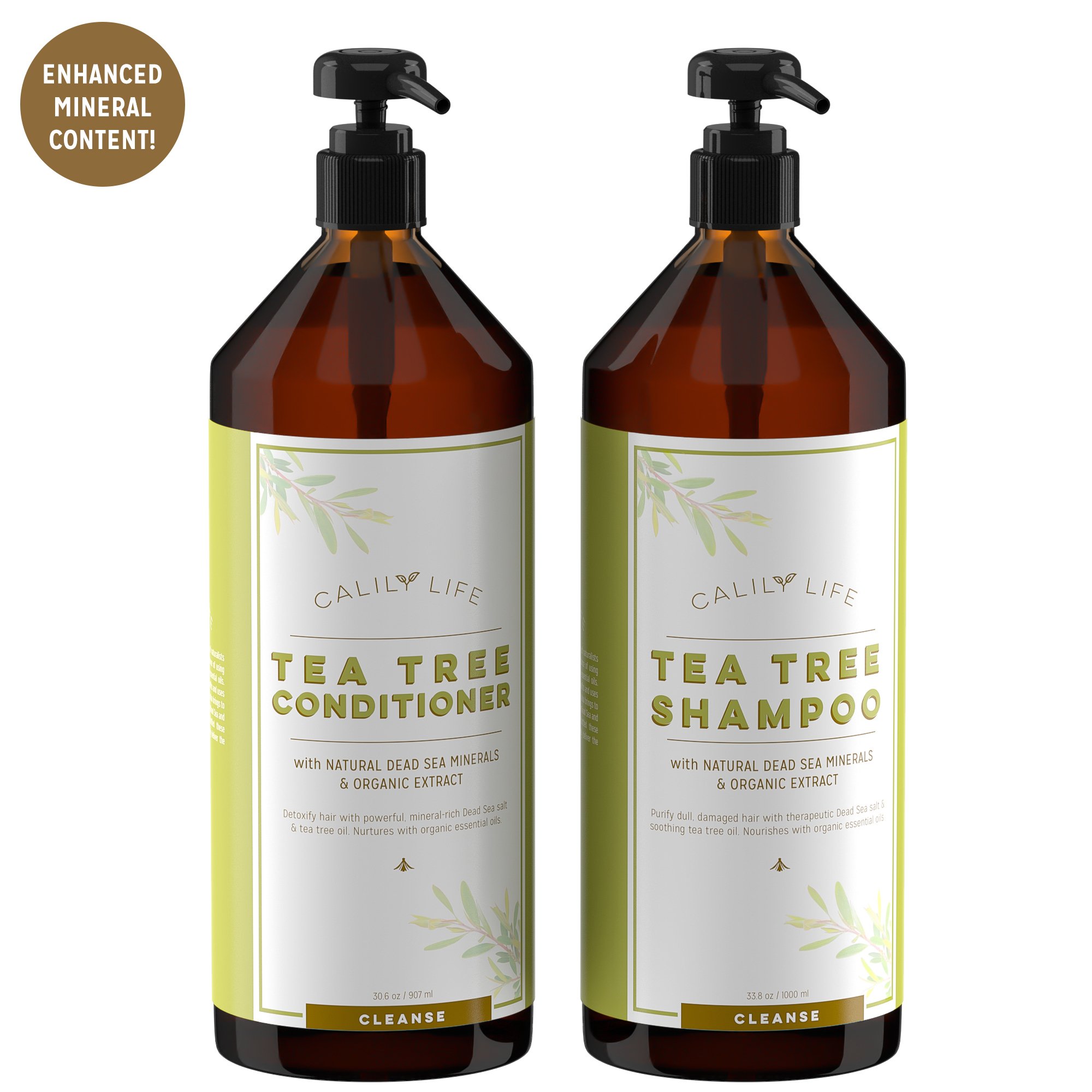Calily Life Organic Tea Tree Shampoo + Conditioner with Dead Sea Minerals, Duo Set, 33. 8 Oz. Each – Refreshes, Removes Impurities, Softens & Invigorates - Promotes Hair Growth Naturally - [ENHANCED]