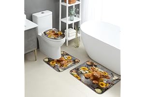 Farmhouse Bathroom Mat Sets 3 Piece, Cute Highland Cow Sunflowers Absorbent Non Slip Toilet Rugs U Shaped Washable, Rustic Fl
