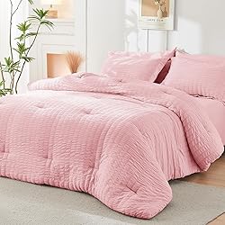HYMOKEGE Pink Full Size Comforter Sets Seersucker 7