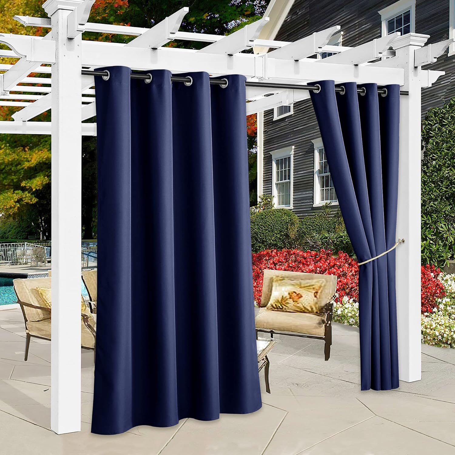 Outdoor Curtains - RYB HOME Outdoor Curtains for Patio 2 Panels, Waterproof Room Darkening Energy Saving Privacy Drapes for Porch Balcony Cabana Sun Room Carport Indoor Outdoor Deck, Navy Blue, W55 x L108 inches