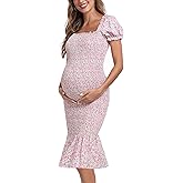 Summer Floral Midi Bodycon Maternity Dresses, Short Puff Sleeve Square Neck Ruffle Hem Mermaid Baby Shower Dress