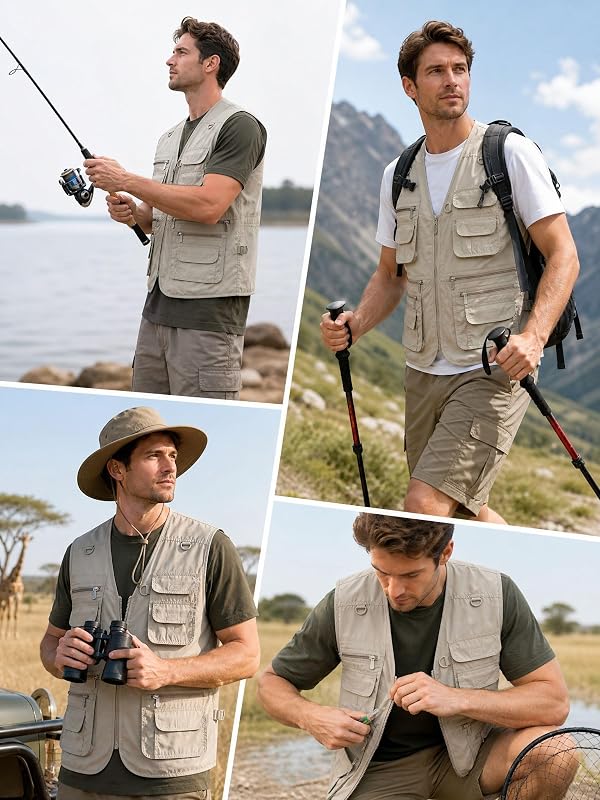 Herren Anglerweste Outdoor Weste mit Vielen Taschen Schnelltrocknend Sommerweste Funktionsweste Jagdweste Safari Fotografie Hundesport Weste, Grün, L — Foto 2 von 7