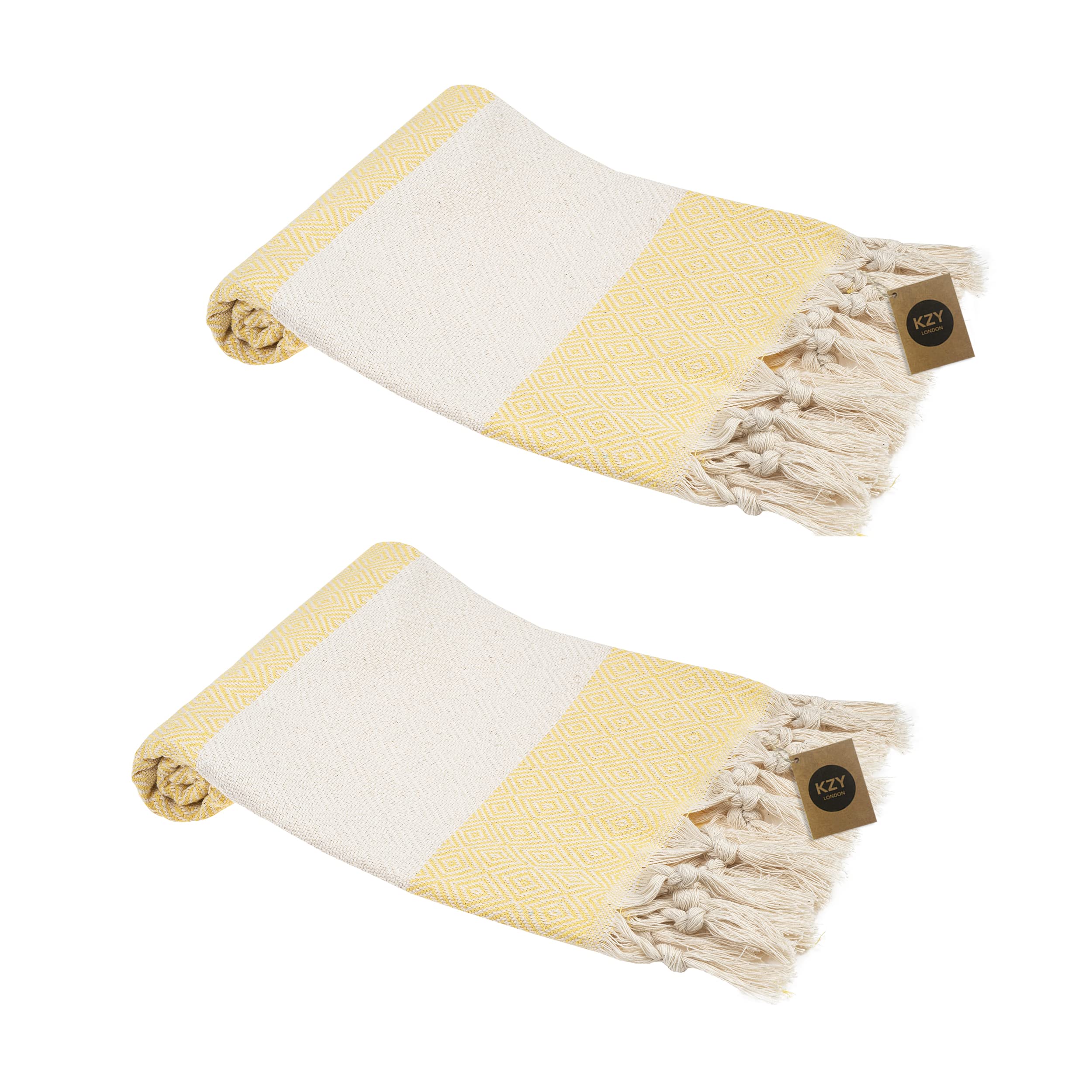 KZY LONDON Turkish Hand Towel Set of 2 - Towel for Kitchen and Bathroom - 50x100cm, 18,5x40 Inches - Prewashed Absorbent Peshtemal Decorative Towel for Face, Hand, Hair, Gym, Travel (Yellow)