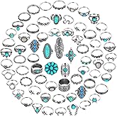 Huquary 84 Pcs Vintage Turquoise Rings for Women Bohemian Silver Oval Gemstone Western Boho Stackable Joint Knuckle Midi Stacking Rings Set for Women Girls Gifts