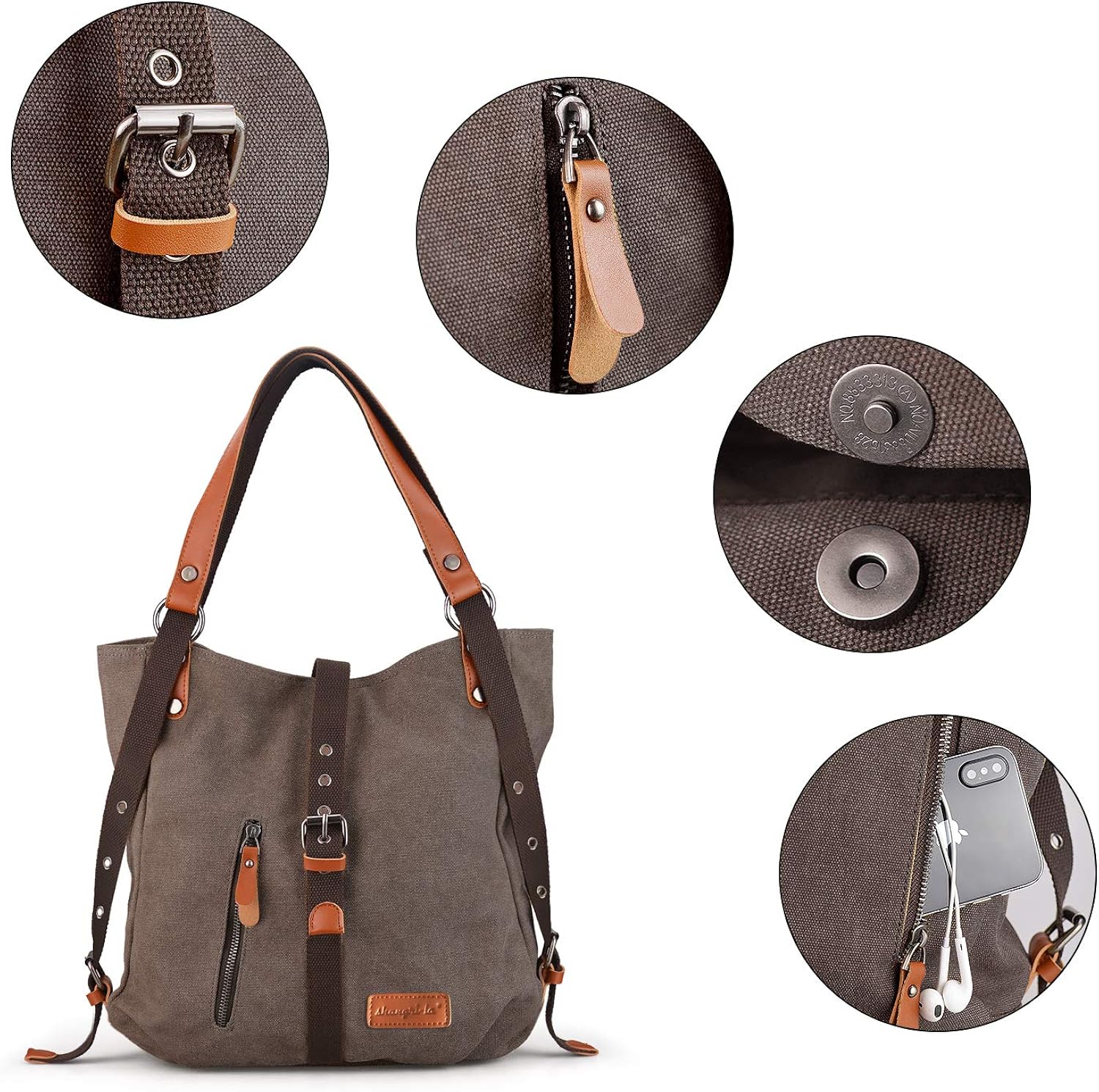 SHANGRI-LA Purse Handbag for Women Canvas Tote Bag Hobo Bag Casual Shoulder Bag School Bag Rucksack Convertible Backpack - Coffee - Image 4