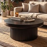 FGXJY 33.5" Round Wood Coffee Table with Cylindrical Base &amp; Parquet Pattern | with Parquet Pattern &amp; Thickened Tabletop, Center Table Tea Table for Living Room Apartment