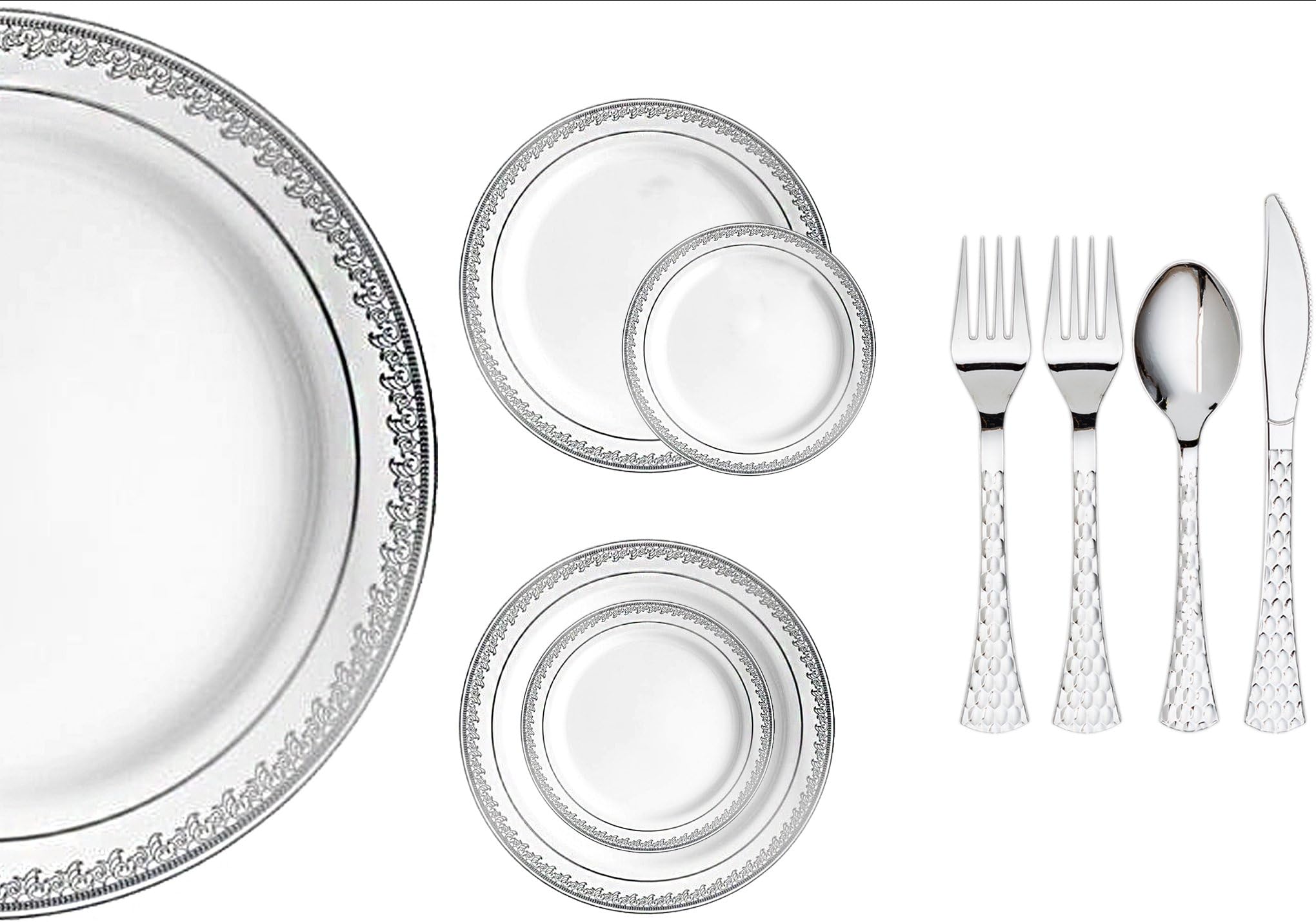 Royalty Settings Prestige Collection Silver Plastic Plates and Cutlery Set Party Package for 120 Persons, Includes 120 Dinner Plates,120 Salad Plates, 240 Forks, 120 Knives and 120 Spoons