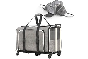 Katziela Rolling Rover Airline Compliant Expandable Premium Pet Carrier 6-Wheeled Baseboard Telescopic Handle Two-Sided Expandable Rolling Carrier Designed (Gray- White Piping)