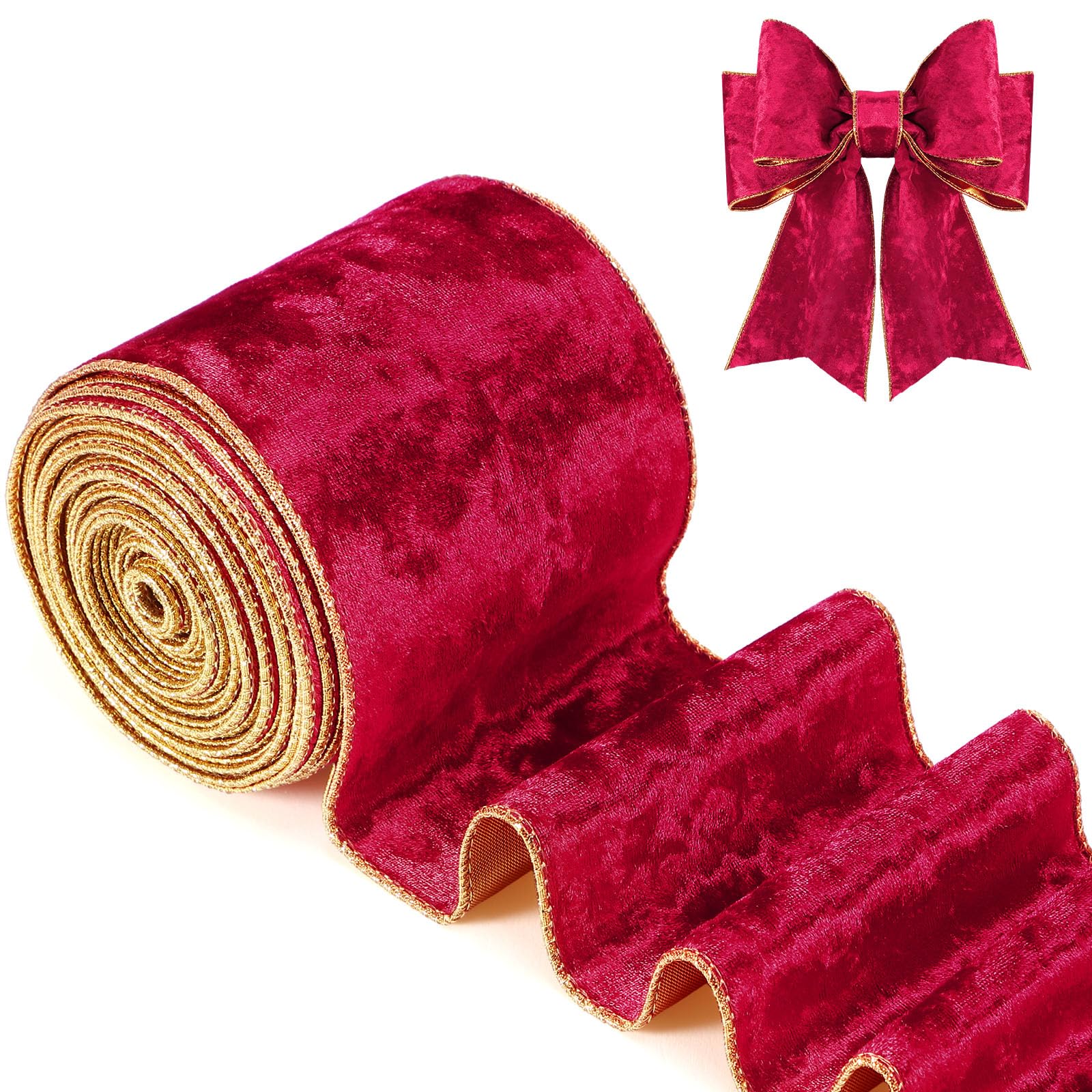 Photo 1 of Riceshoot Christmas 4 Inch Velvet Ribbon 10 Yards Red Wide Wired Velvet Ribbon with Gold Edge for Wrapping Bow Gift Box DIY