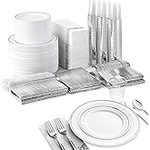 700 Piece Silver Dinnerware Set: 200 Silver-Rim Plastic Plates, 100 Silver Silverware, 100 Plastic Cups, 100 Cloth-Like Napkins, Bulk Wedding Plates Disposable Set 100 Guests