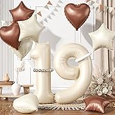19 Cream White Balloons, 19 Number Balloons Set, Beige Number 19 Balloons, Brown Sand White Foil Star Heart Balloon With Long Balloon For 19th 9th Birthday Party 1st Baby Shower Decorations