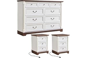 OKYCI 3PC Farmhouse Dresser and Nightstand Sets for Bedroom, Including 9 Drawer Dresser & 3 Drawer Night Stand Set of 2 with USB,Antique White