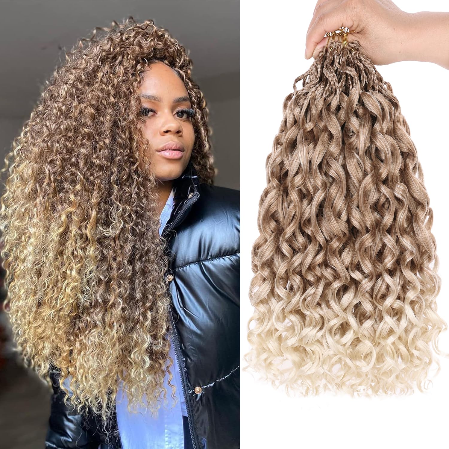 Mscat 14 Inch Gogo Curl Crochet Hair 8 Packs Pre Looped Water Wave Crochet Hair Ombre Blonde Ocean Wave Goddess Box Braids Deep Twist Synthetic Braiding Hair for Women(8 Packs, T27613#)