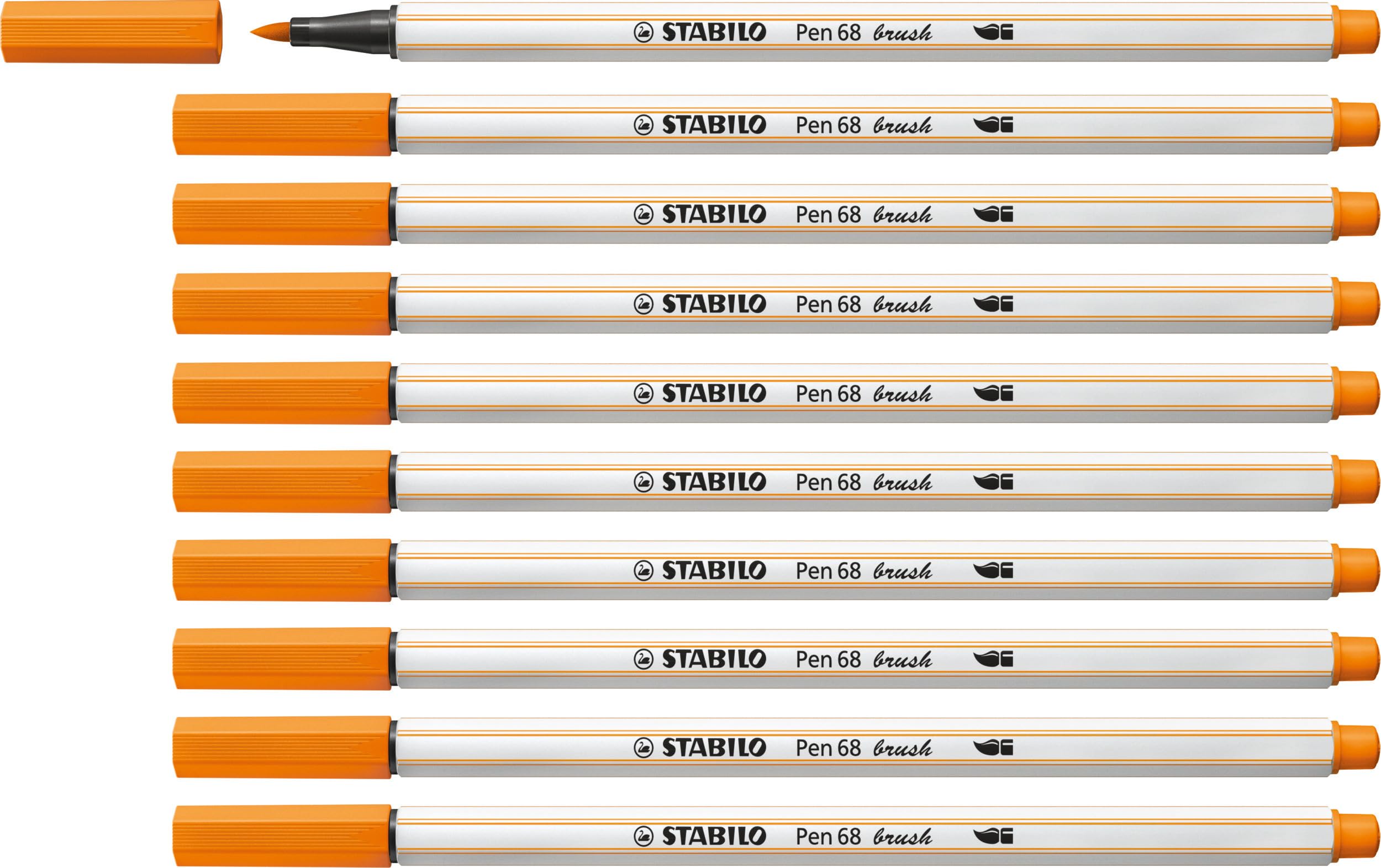 STABILO Pen 68 brush - Premium Fibre-Tip Pen with Brush Tip - Pack of 10 - Orange