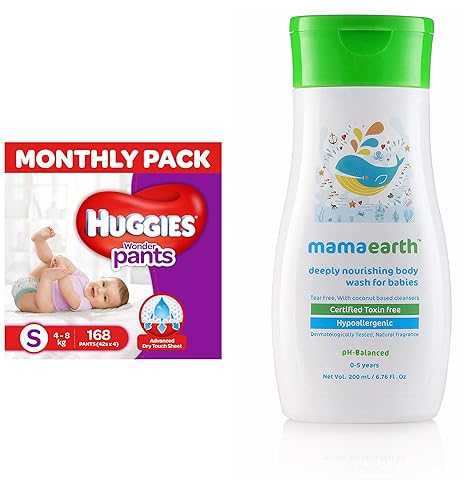 Huggies Wonder Pants Small Size Diapers Monthly Pack (168 Count) & Mamaearth Deeply nourishing wash for babies (200 ml, 0-5 Yrs)