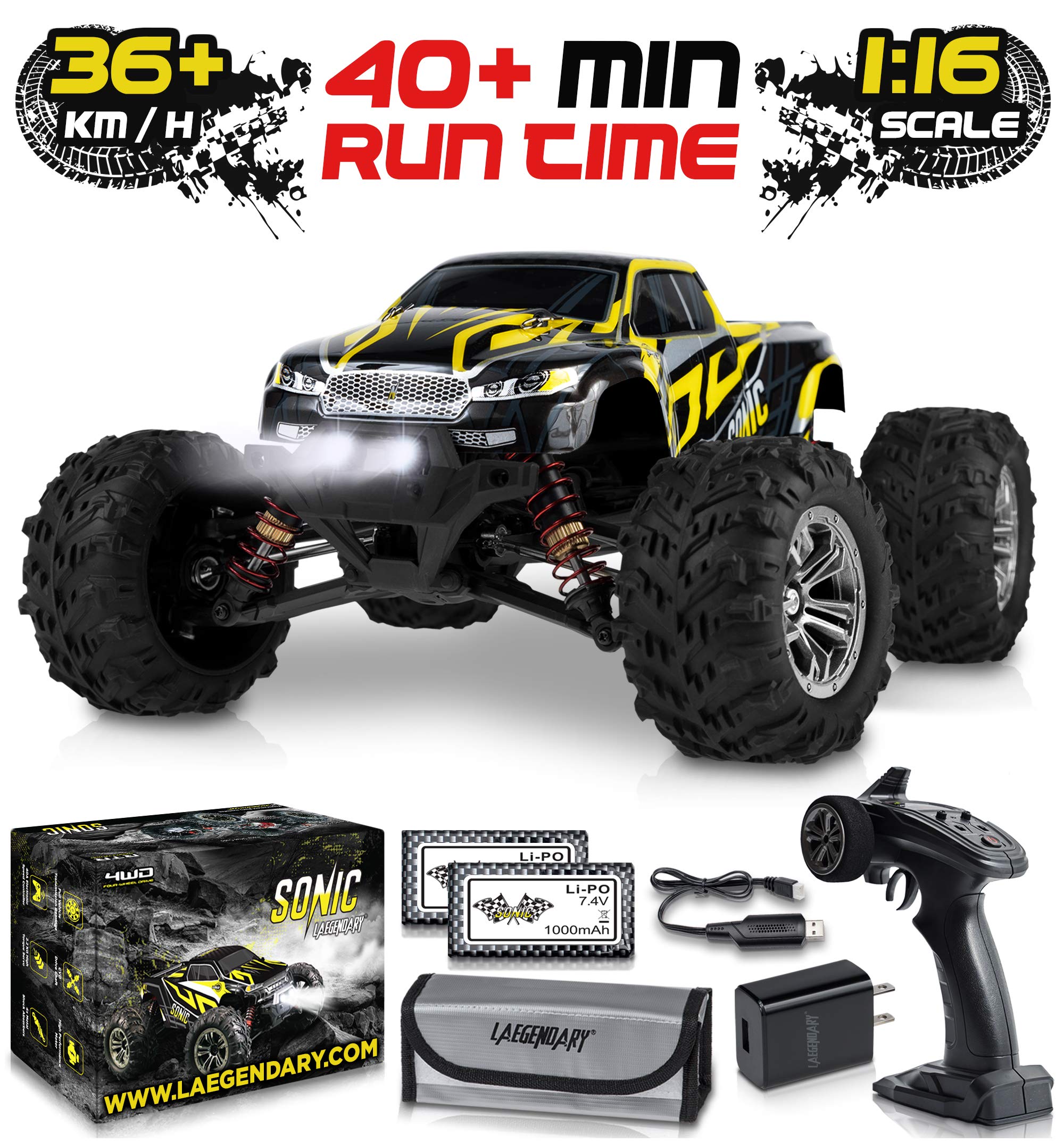 1:16 Scale Large RC Cars 36+ kmh Speed - Boys Remote Control Car 4x4 Off Road Monster Truck Electric - All Terrain Waterproof Toys Trucks for Kids and Adults - 2 Batteries + Connector for 35+ Min Play