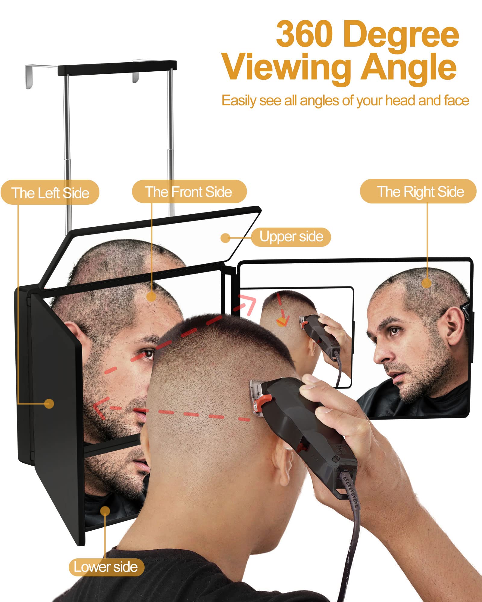 5 Way Mirror for Self Hair Cutting & Shaving, 360 Makeup Mirror with Height Adjustment for Braiding & Styling (Black)