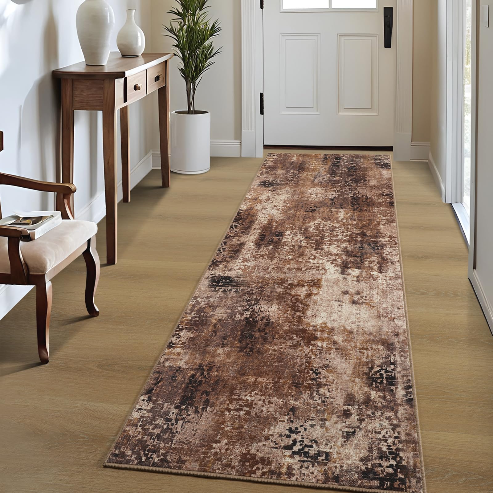 Photo 1 of Merelax 2x6 Entryway Long Runner Area Rug, Brown Red Washable Modern Abstract Entry Rugs for Kitchen Bedroom Hallways Living Room, Coffee Non Slip Carpet for Indoor Door High Traffic Family Room Decor