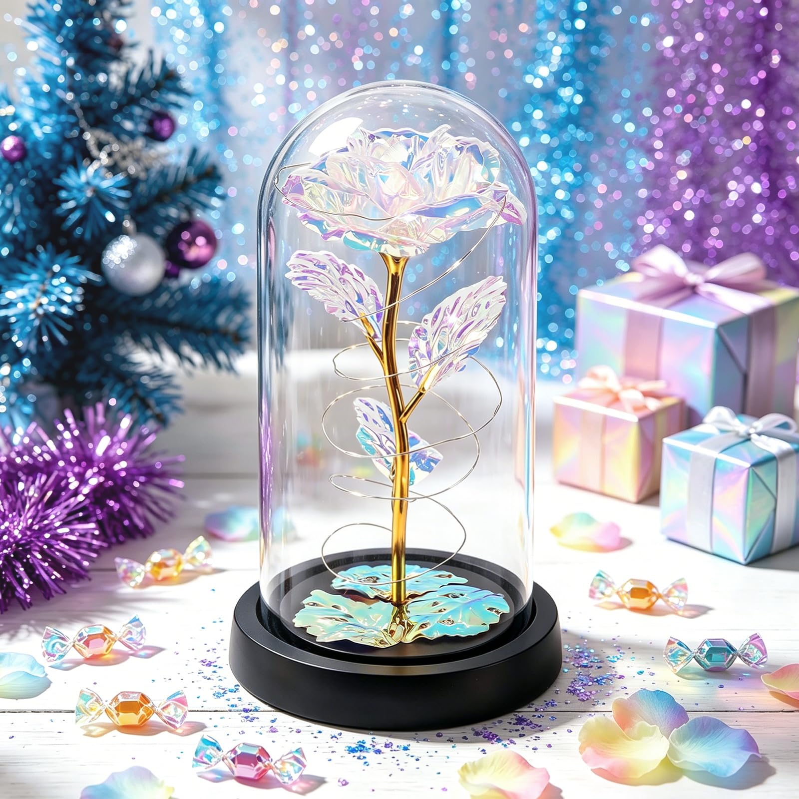 Morofme Galaxy Infinity Rose mit LED Licht, Ewige Rose Acrylhaube Stoßfest, Die Schöne und die Biest Rose, Künstliche Rosen für Frau Geschenke, Geburtstag, Jubiläum,Wohnen Schlafzimmer Büro Dekor 8