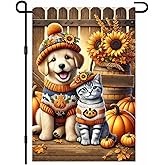 BlissYard Thanksgiving Fall Garden Flag 12x18 Inch Welcome Golden Retriever Puppy and Tabby Cat Outdoor Flag Double Sided Autumn Pet Yard Banner Pumpkin Sweaters and Sunflowers for Porch Lawn Patio
