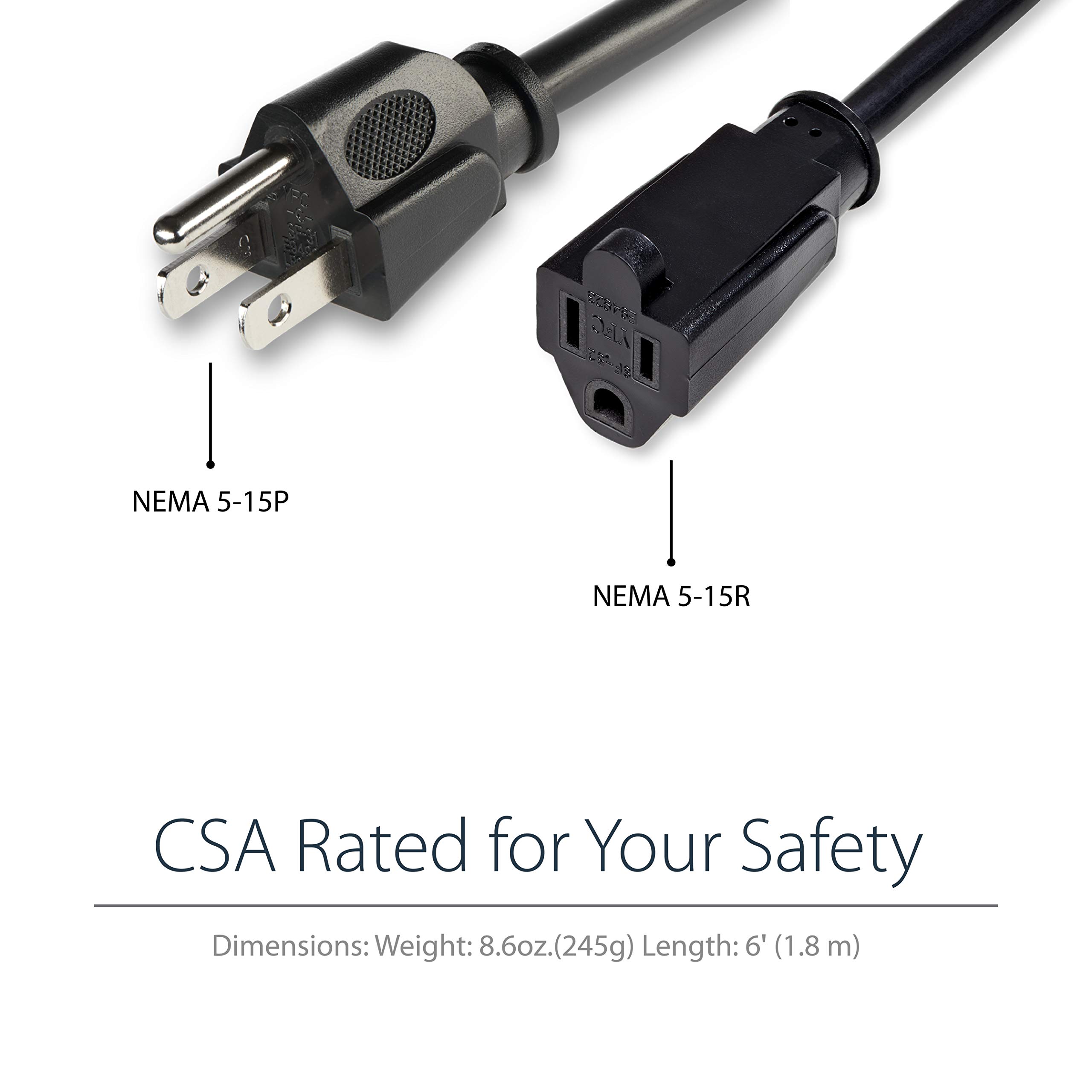 StarTech.com 6ft (2m) Power Extension Cord, NEMA 5-15R to NEMA 5-15P Black Extension Cord, 13A 125V, 16AWG, Outlet Extension Power Cable, AC Power Cord - UL Listed (PAC1016)
