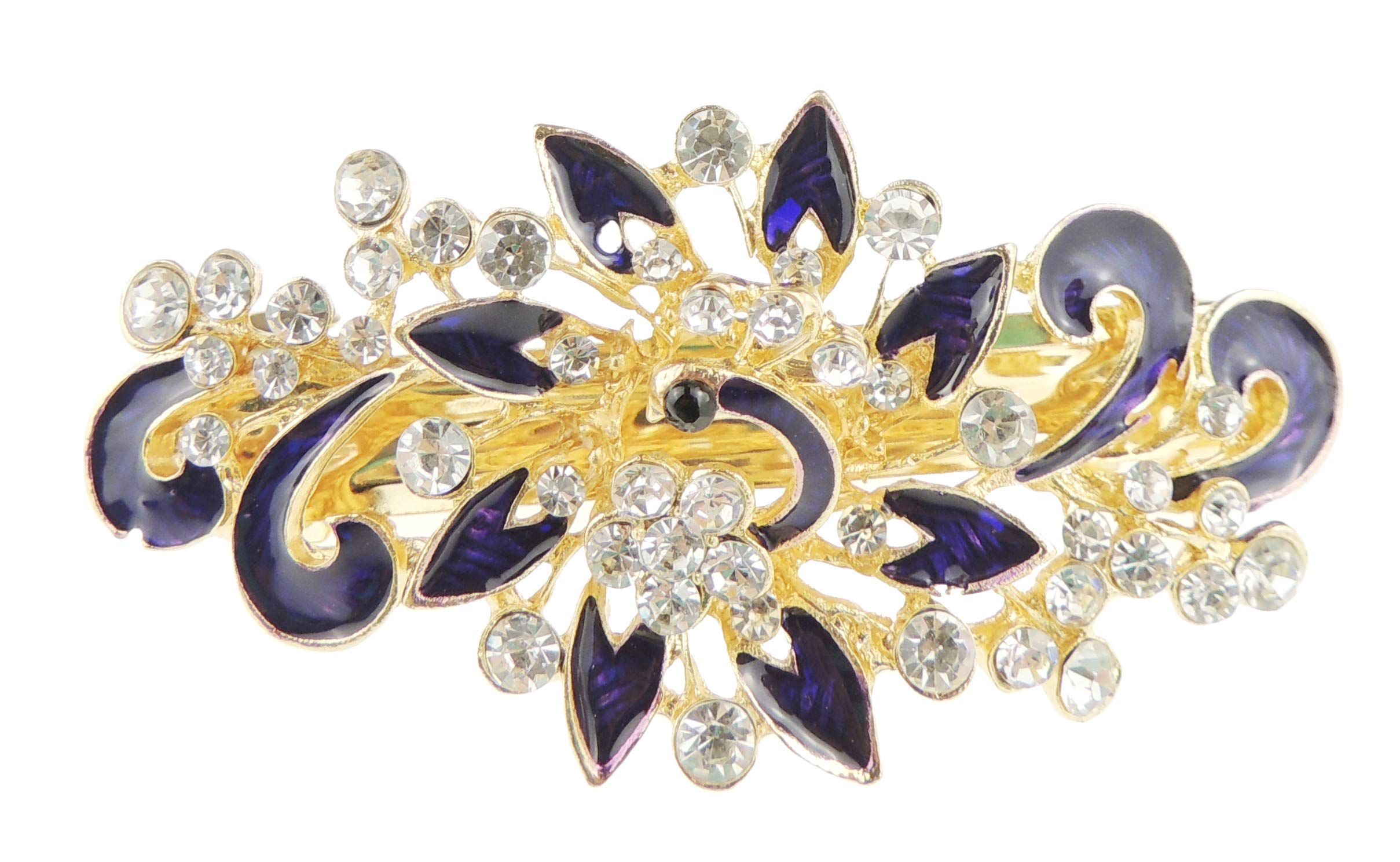 Womens Girls Crystal Rhinestone Diamante Wedding Birthday Party Evening Ponytail Fine Medium Hair Accessories Occasion Barrette Hairpin Grip French Spring Clip Metal Enamel Peacock Waves Pointy Purple