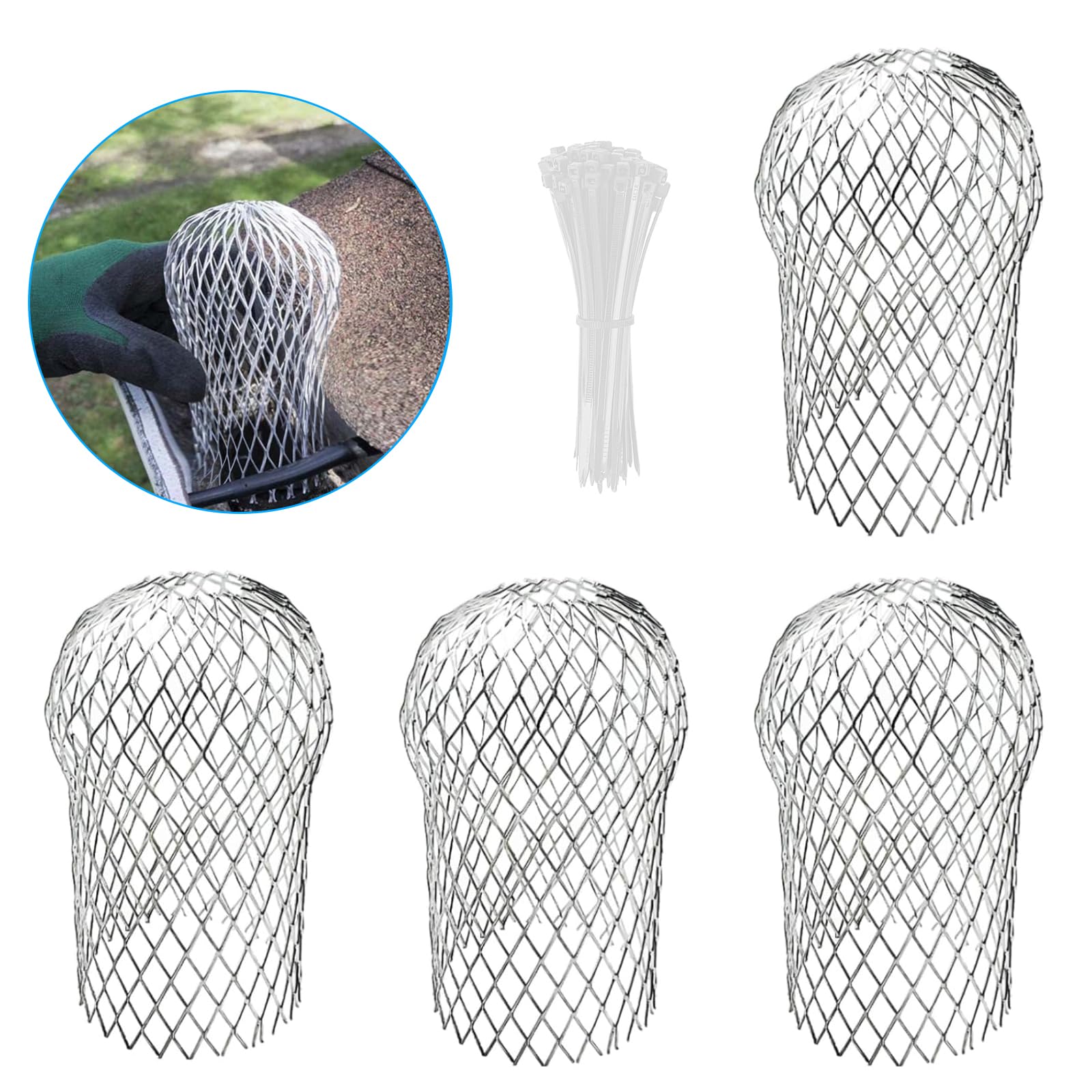 4 Pcs Aluminum Gutter Guards, 3.5" Metal Downpipe Leaf Guard Gutter Downspout Guard, Expandable Down Pipe Leaf Strainer Gutter Screen Covers, 2 to 4" Gutter Leaf Guard Mesh to Stop Leaves Moss Mud