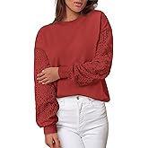 MASCOMODA Fall Fashion 2024 Blouses for Women Dressy Casual Lace Long Sleeve Tops Crewneck Eyelet Knit T Shirts Sweatshirt