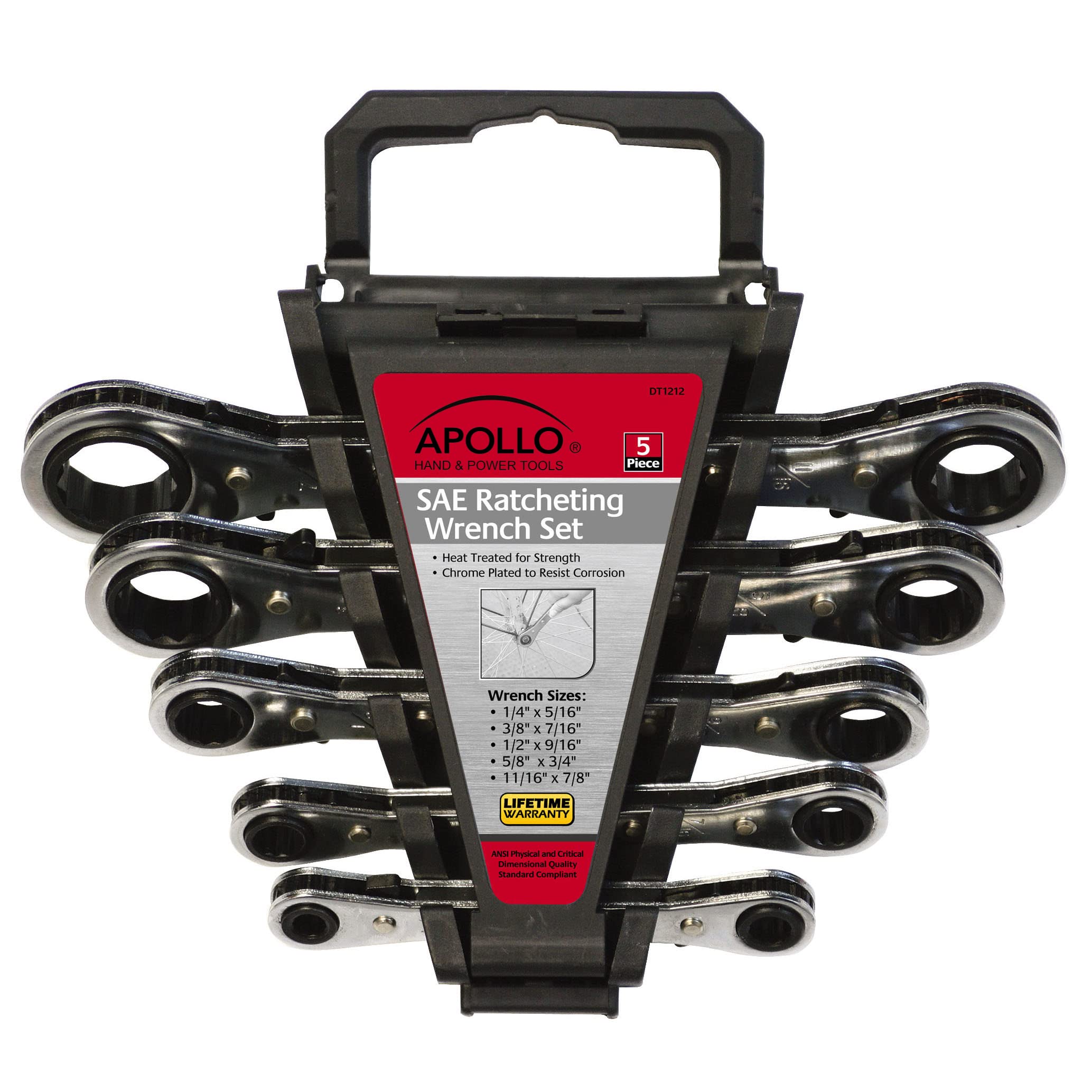 Apollo Tools DT1212 SAE Ratcheting Wrench Set, 5-Piece, Black