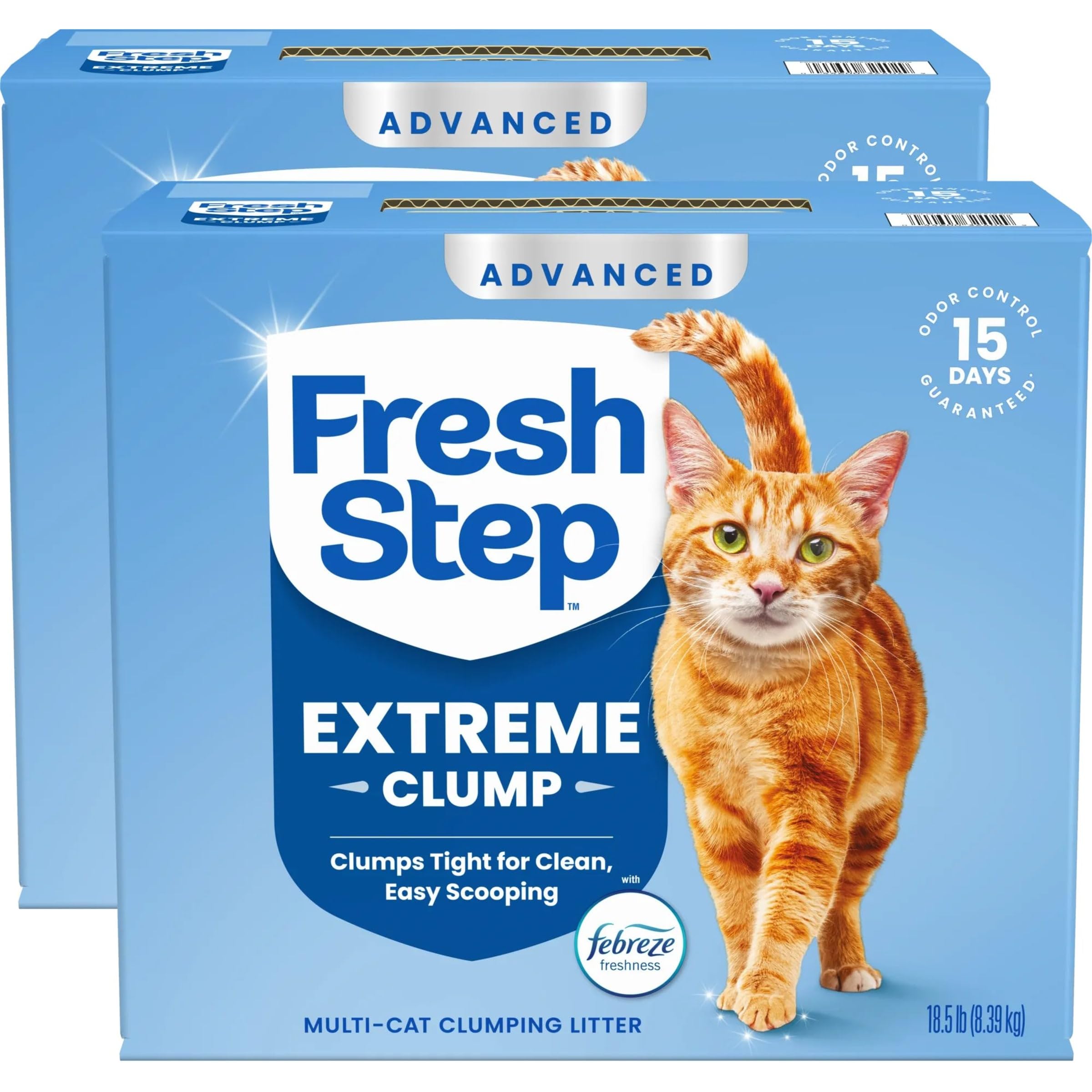 Photo 1 of ***FACTORY SEALED***
Fresh Step Advanced Extreme Clumping Litter with Febreze Freshness with Mountain Spring Scent, Fights Odor on Contact, 37 lbs. (2 x 18.5 lb. Box)