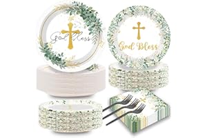 Naozinebi 200Pcs God Bless Baptism Plates Napkins First Holy Communion Party Tableware Set Christening Ceremony Dinnerware Confirmation Paper Plates for Mi Bautizo Baby Shower Decor Supplies Serve 50