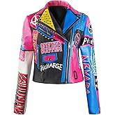 DARKSHE Women's Faux Leather PU Jacket, Graffiti Studded Rivet Punk Biker Moto Fashion Coat with Long Sleeve