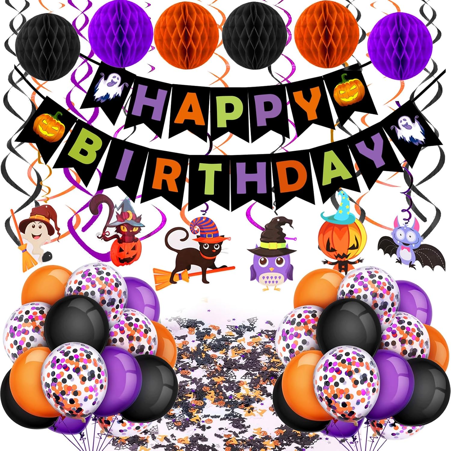 Flags - HAPPY BIRTHDAY Halloween Theme Porch Sign Hanging Banner Pumpkin Ghouls Bat Cat Pattern Backdrop Flag for Halloween Indoor Outdoor Wall Door Decoration