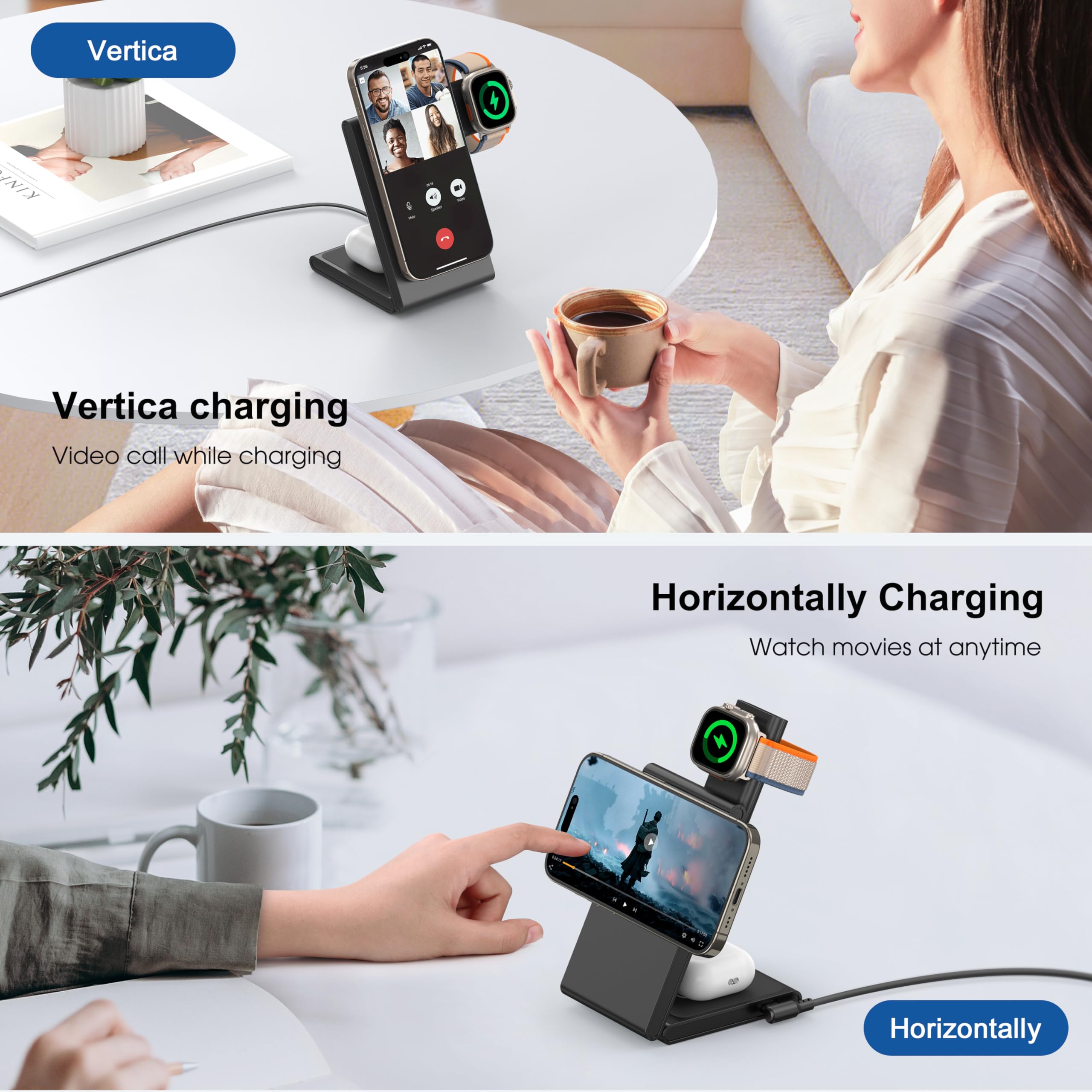 3 in 1 Wireless Charging Station for Multiple Devices, Fast Foldable Travel Mag-Safe Stand for iPhone 16/15/14/13/12/Series, Magnetic Charger for Apple Watch 10/Ultra 2/AirPods 4 with 20W Adapter