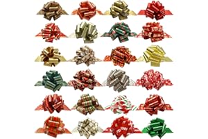 FAYOO Christmas Gift Wrap Bows, Pull Bows with Ribbon for Gift Wrapping, 24 Pcs Foil Bows Assorted Patterns, Vintage Decoration for Holiday Present, Baskets, Bottle, Book, Bouquet(Easy to Assemble) (24)