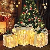 DomKom Set of 3 Nesting Christmas Lighted Gift Boxes - Indoor/Outdoor LED Present Decorations with Metal Frame, Silver Bows & Pinecone Accents - Pre-Lit Holiday Yard & Home Decor