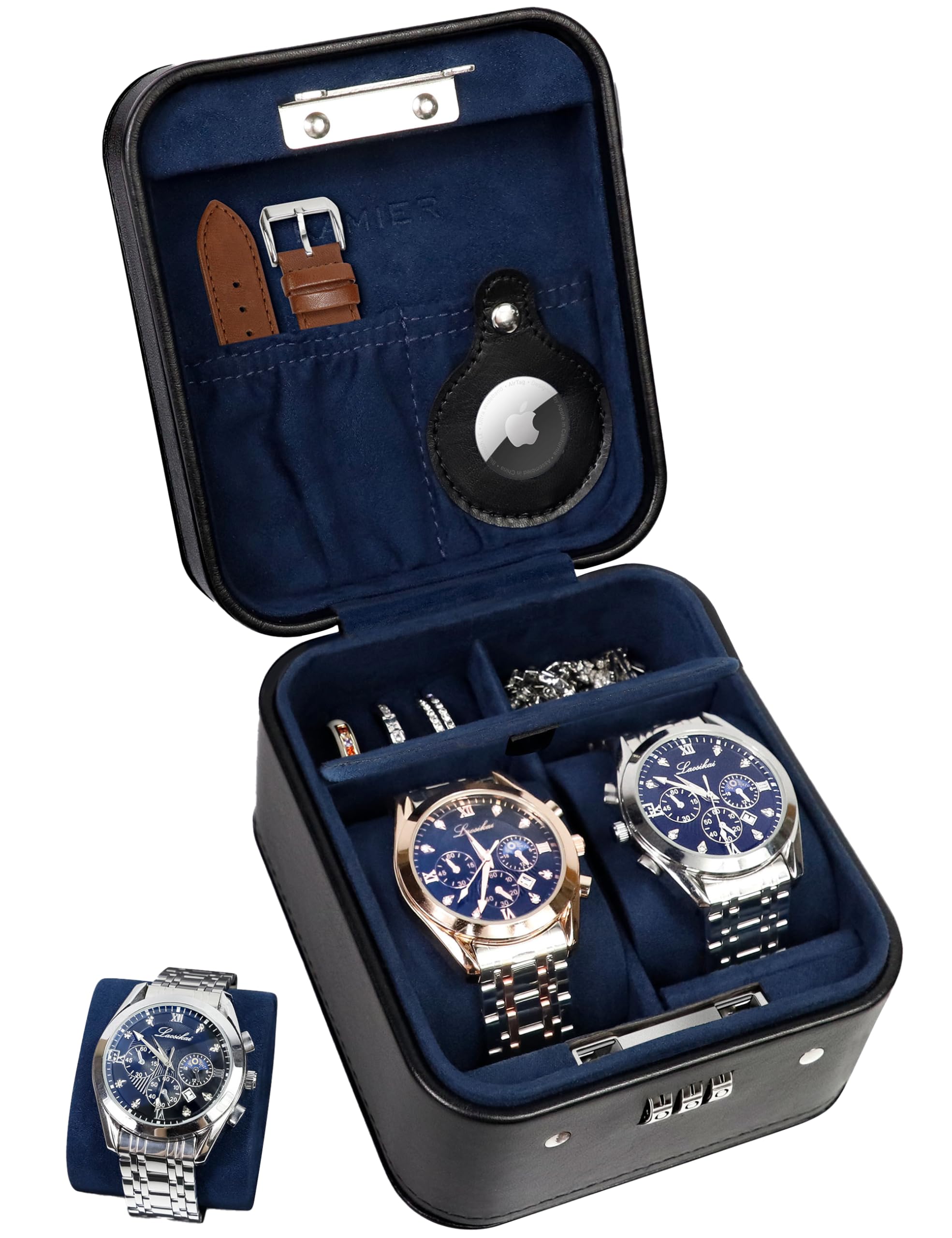 Photo 1 of KAMIER Watch Travel Case with Combination Lock - 2 Watch Storage and Jewelry Organizer - Watch Case for Ring and Watch Storage, PU Leather Travel Watch Case, Ideal for Gift (With Gift Box) (Black)