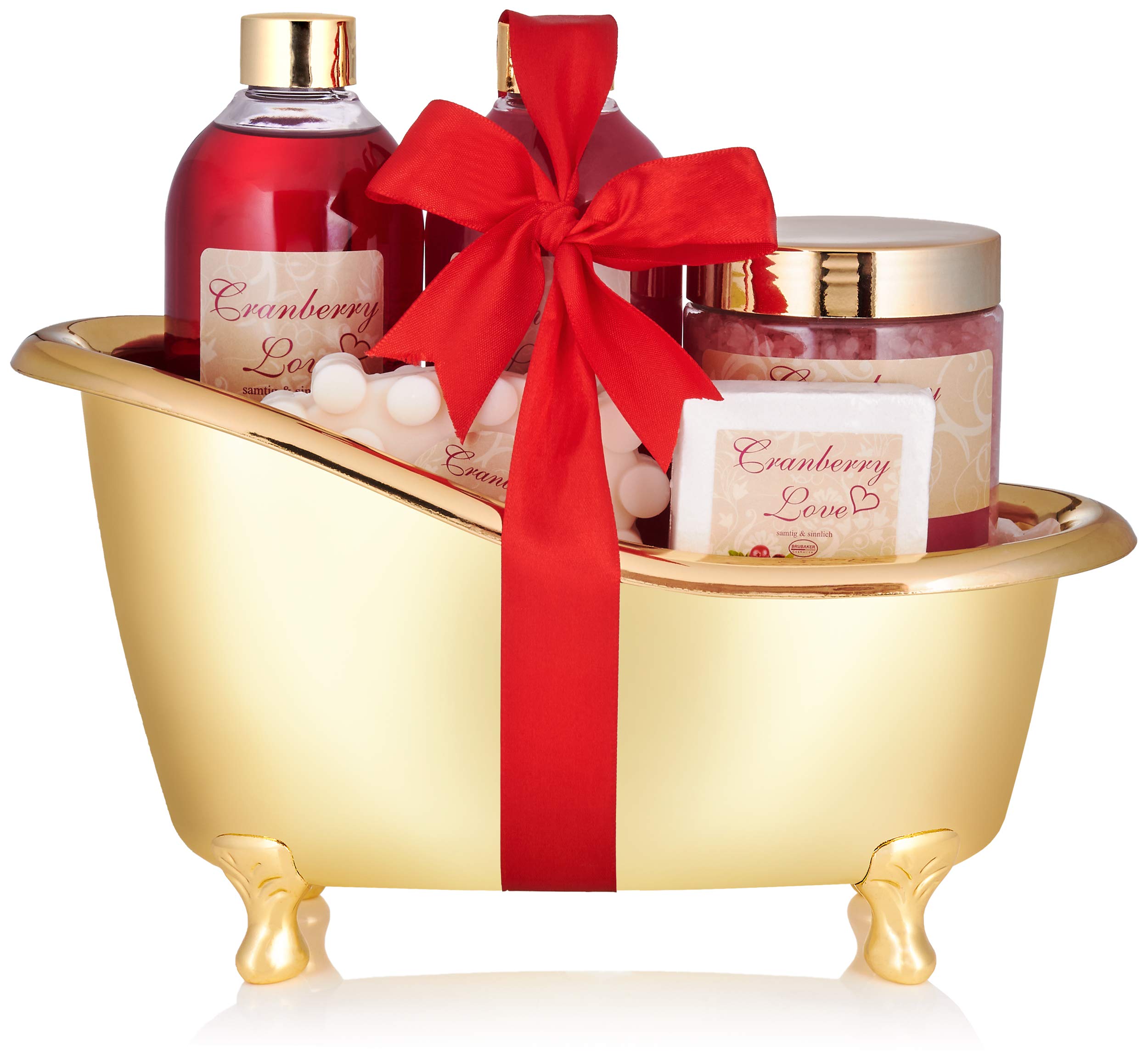 BRUBAKER Cosmetics Bath and Shower Set Cranberry Love - 6-piece Gift Set in Golden Decorative Tub