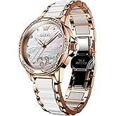 OLEVS Womens Automatic Watch, Premium Large Face Diamond Accented Self Winding Watches for Women, Fashion Waterproof Ladies Dress Watch, Two Tone Stainless Steel Ceramic Bracelet