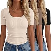 Neer 3 Pack Fitted Ribbed Scoop Neck T-Shirts for Women, Tight Short Sleeve Tops Slim Basic Tee Trendy Summer Blouses