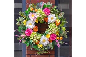 Pinkpuii Spring Wreaths for Front Door 24 Inch Vibrant Summer Peony Hydrangea Floral Wreath Artificial Green Eucalyptus Wreath with Realistic Orange Berry- Ideal for Porch,Mantel,Home Wall Decor