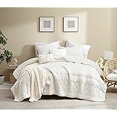 Boho Ivory Quilt Queen Size Bedding Sets with Pillow Sham, Bohemian Lightweight Soft Bedspread Coverlet, Cream Farmhouse Floral Vintage Thin Comforter Bed Cover All Season, 3 Pieces, 90x90 inches